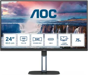 AOC 24 Inch FHD Monitor 24V5CE, 75Hz, IPS, 1ms, Flicker Free, Low Blue mode, Speakers, Tilt (1920 x 1080 @ 75Hz, 300 cd/m², HDMI 1.4, USB-C)