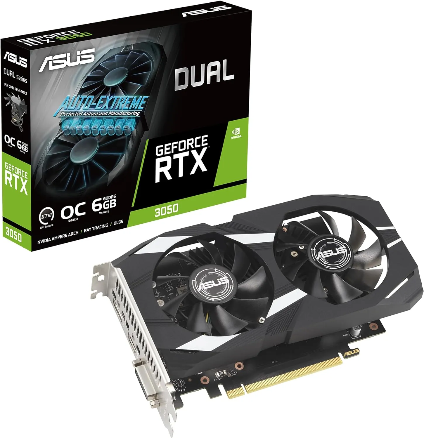 Asus Dual RTX 3050 OC Gaming Graphics Card, PCIe4, 6GB DDR6, DVI, HDMI, DP, 1537MHz Clock