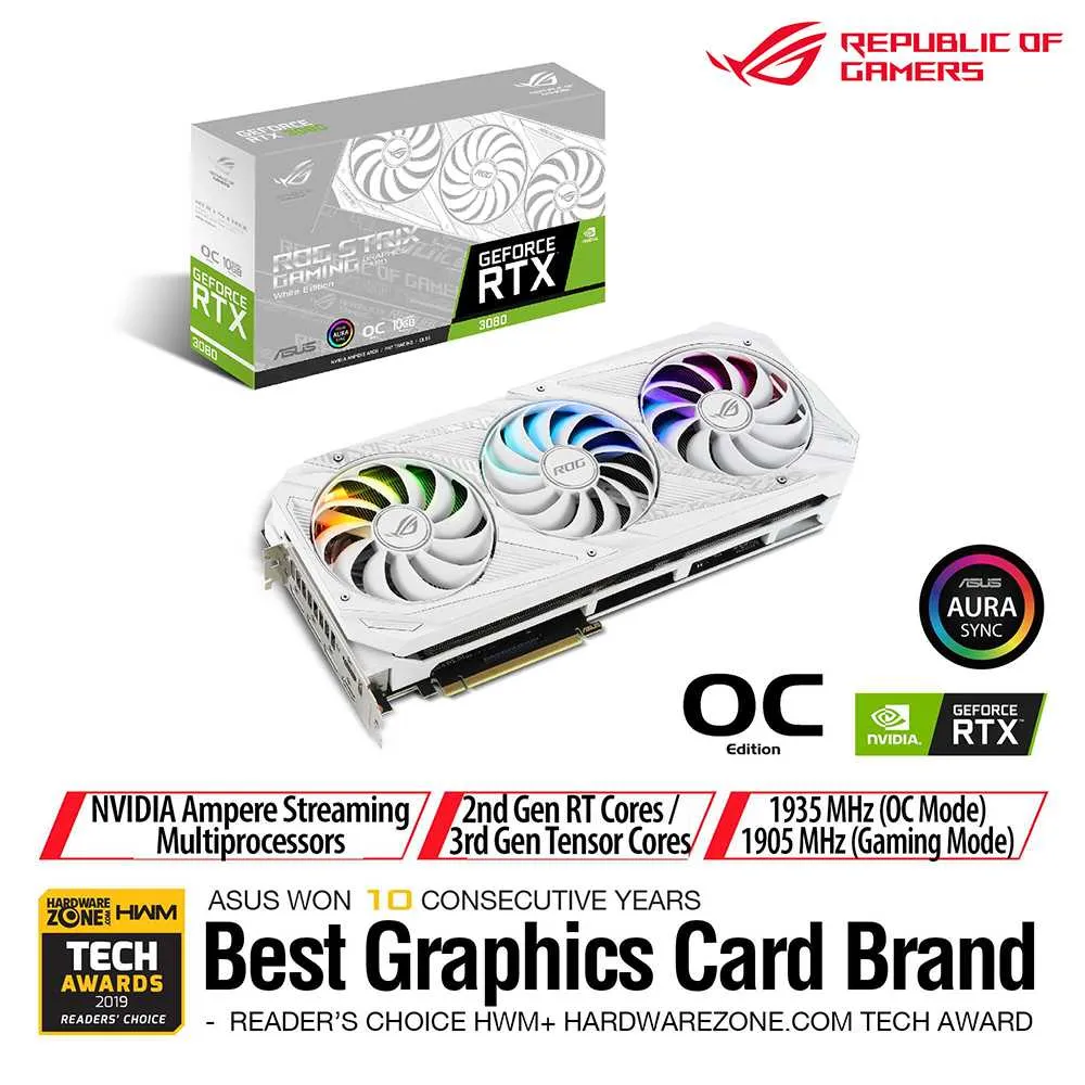 ASUS ROG Strix GeForce RTX 3080 V2 White OC Edition 10GB GDDR6X LHR Graphics Card | ROG-STRIX-RTX3080-O10G-WHITE-V2