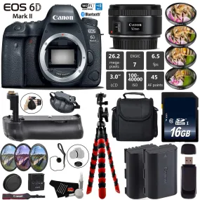 Canon EOS 6D Mark II DSLR Camera With 50mm 1.8 STM Lens   Professional Battery Grip   4PC Macro Filter Kit   LED Kit Base Bundle