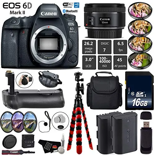 Canon EOS 6D Mark II DSLR Camera With 50mm 1.8 STM Lens   Professional Battery Grip   4PC Macro Filter Kit   LED Kit Base Bundle