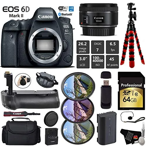 Canon EOS 6D Mark II DSLR Camera with 50mm f/1.8 STM Lens   Professional Battery Grip   UV FLD CPL Filter Kit   Case Pro Bundle