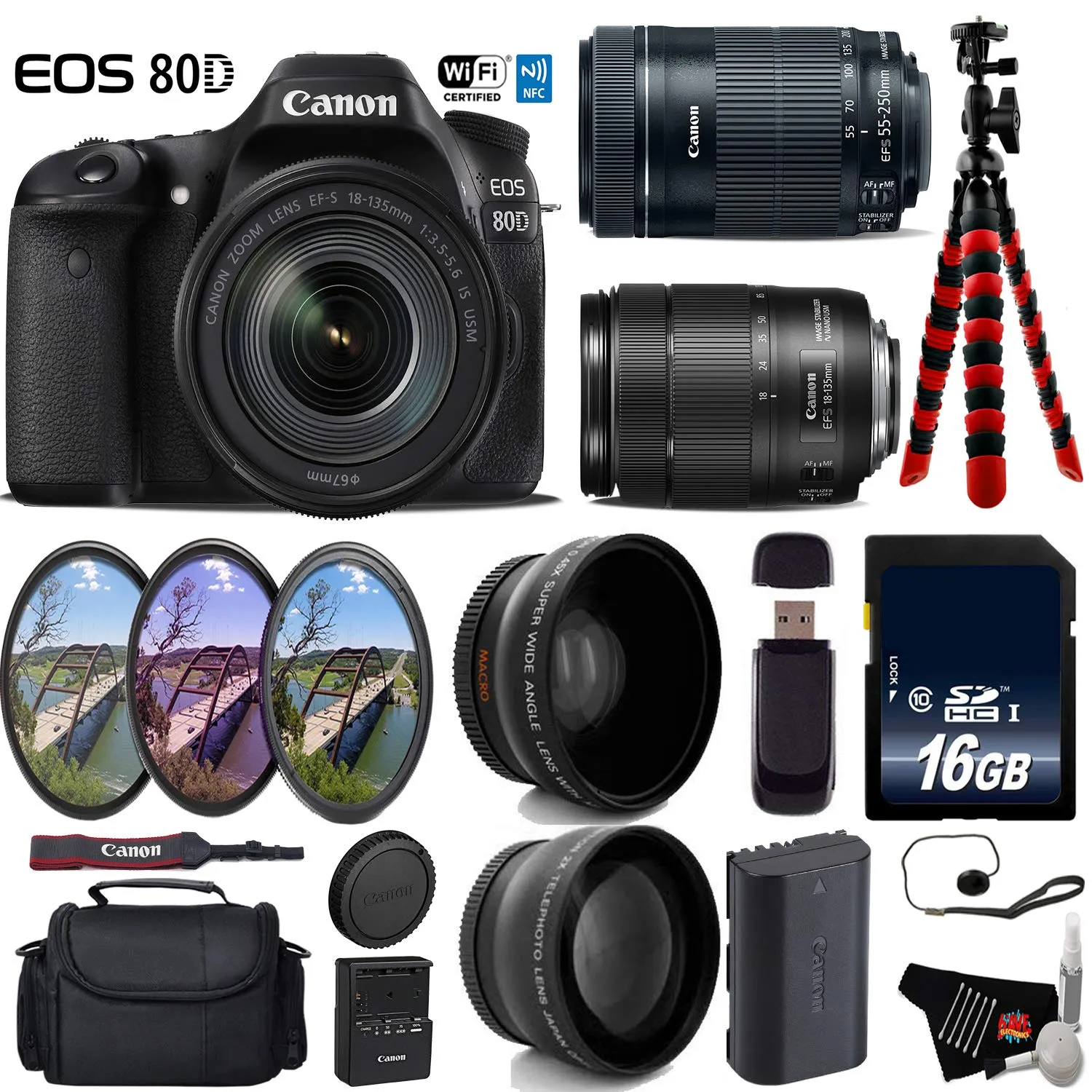 Canon EOS 80D DSLR Camera with 18-135mm is STM Lens & 55-250mm is STM Lens   UV FLD CPL Filter Kit Advanced Bundle