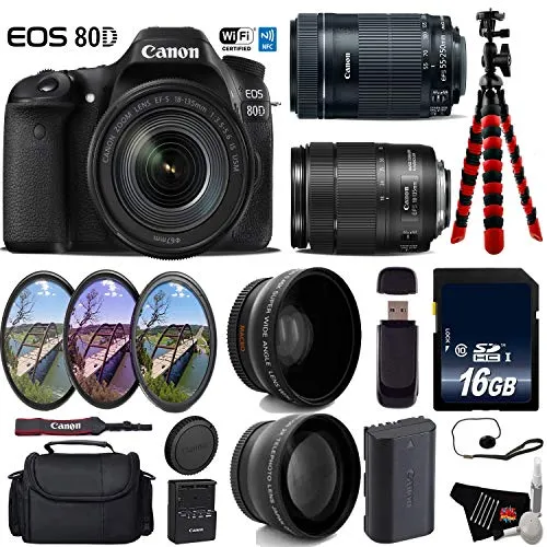 Canon EOS 80D DSLR Camera with 18-135mm is STM Lens & 55-250mm is STM Lens   UV FLD CPL Filter Kit Advanced Bundle