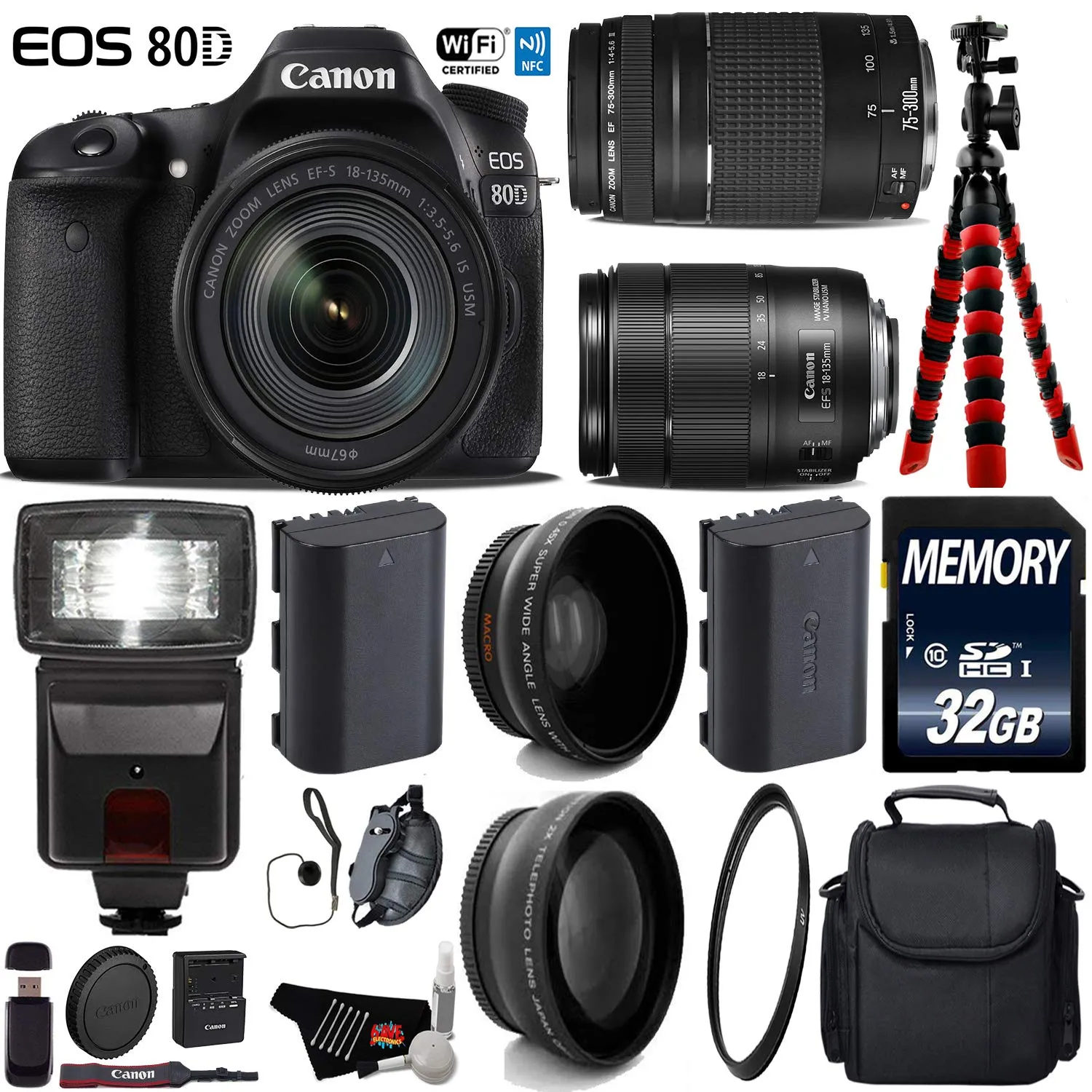 Canon EOS 80D DSLR Camera with 18-135mm is STM Lens & 75-300mm III Lens   Flash   UV FLD CPL Filter Kit Ultimate Bundle