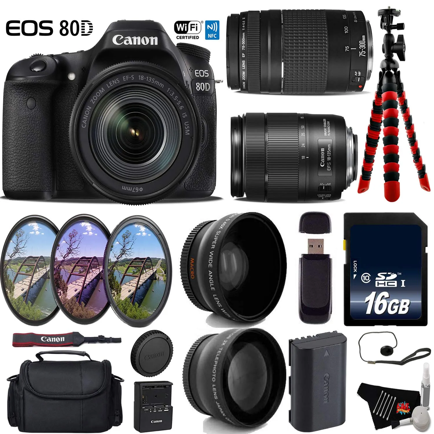 Canon EOS 80D DSLR Camera with 18-135mm is STM Lens & 75-300mm III Lens   UV FLD CPL Filter Kit Advanced Bundle