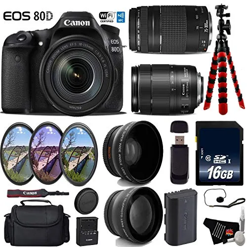 Canon EOS 80D DSLR Camera with 18-135mm is STM Lens & 75-300mm III Lens   UV FLD CPL Filter Kit Advanced Bundle