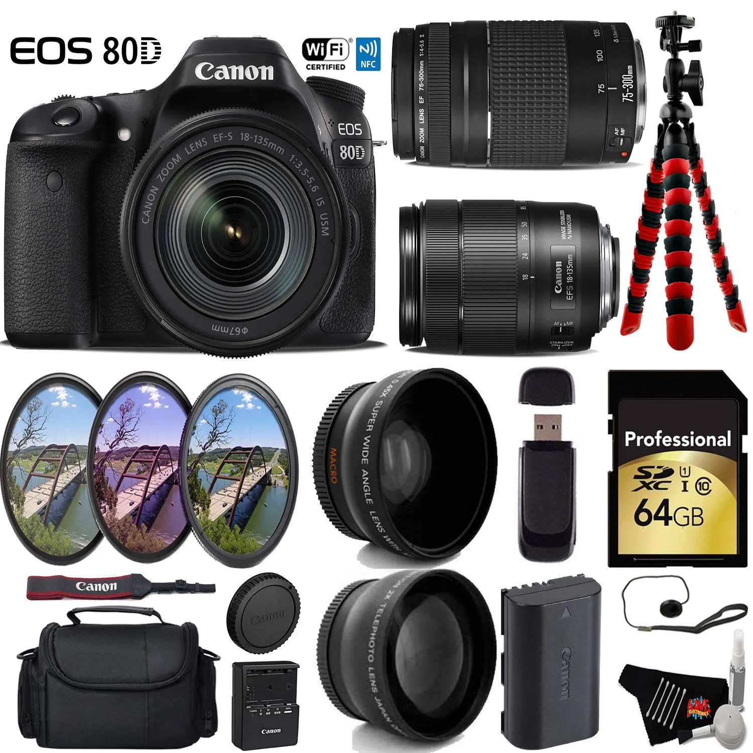 Canon EOS 80D DSLR Camera with 18-135mm is STM Lens & 75-300mm III Lens   UV FLD CPL Filter Kit   Wide Angle & Telephoto Lens Deluxe Bundle