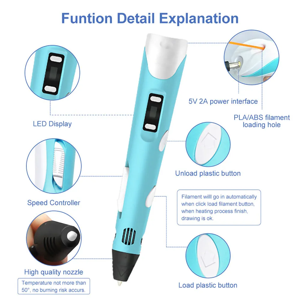 Magic 3D Printing Pen for Kids DIY Pen with LED Display and Filaments