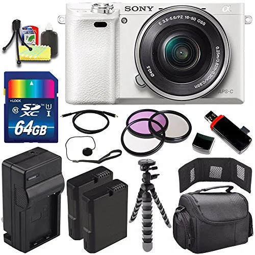 Sony Alpha a6000 Mirrorless Digital Camera with 16-50mm Lens (White)   Battery   Charger   64GB Bundle 6 - International